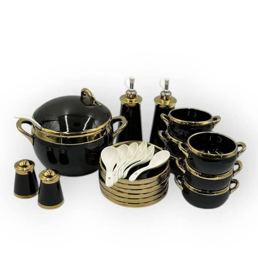 Luxury Ceramic Soup Set with Elegant Gold Rim Accents