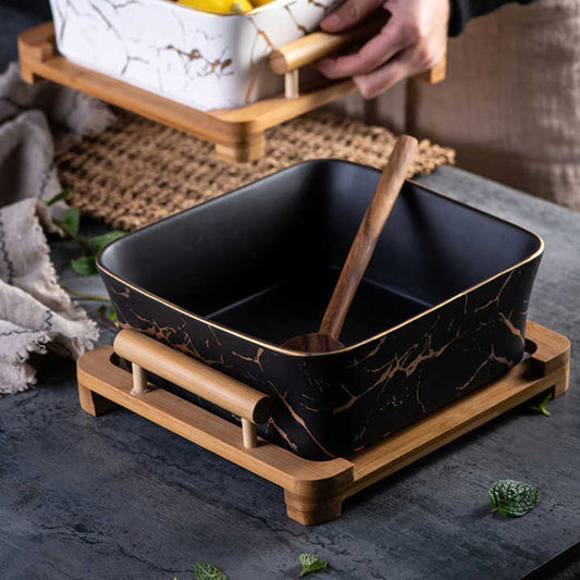 Marble Pattern Ceramic Salad Bowl with Wooden Stand and Spoon