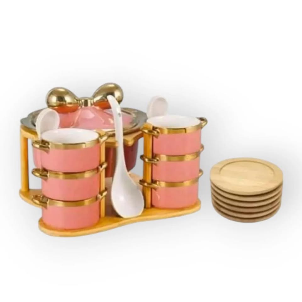 Classic Ceramic Soup Set with Golden Edges and Wooden Stand
