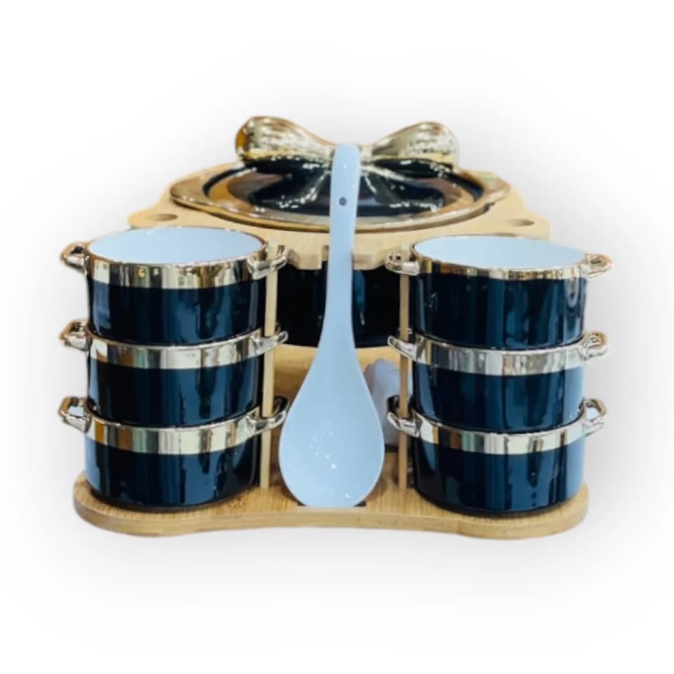 Classic Ceramic Soup Set with Golden Edges and Wooden Stand
