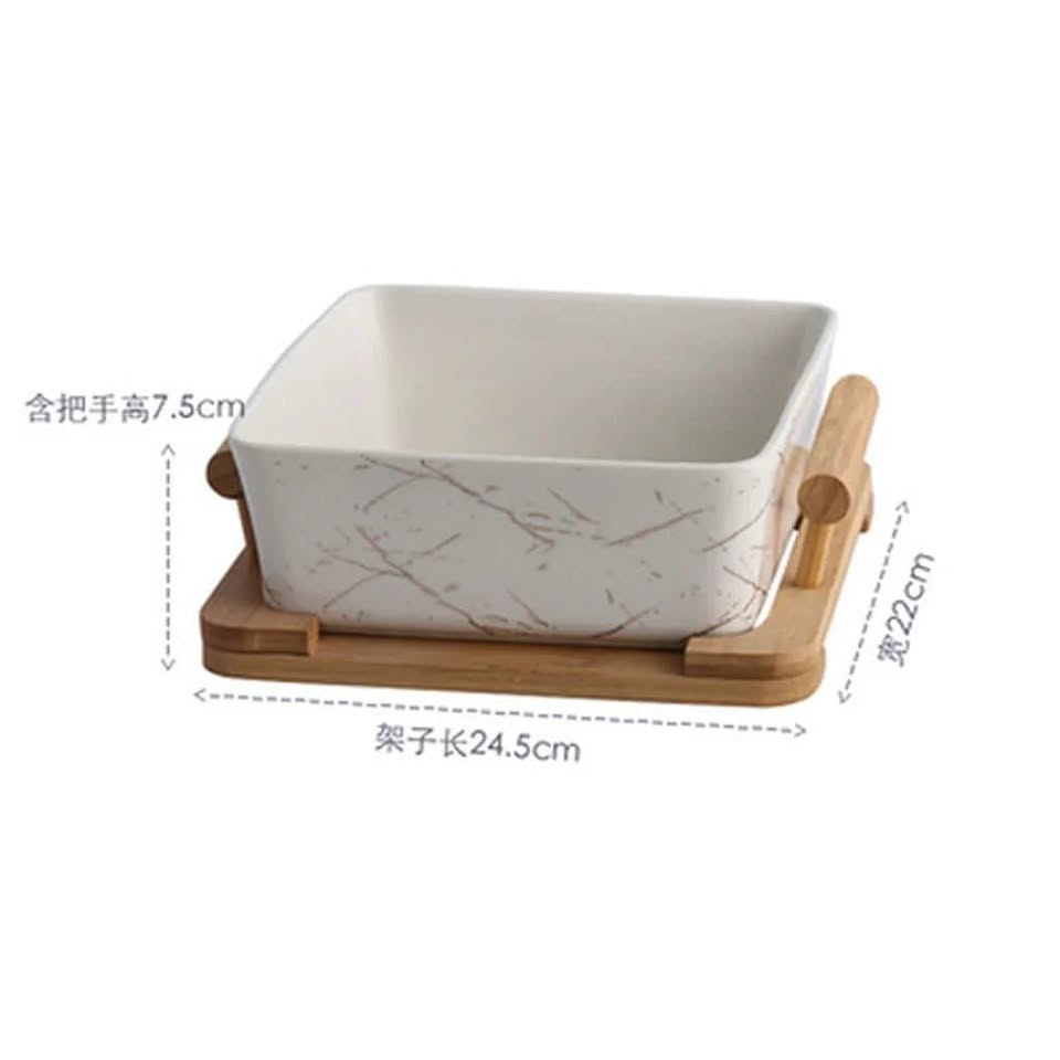 Marble Pattern Ceramic Salad Bowl with Wooden Stand and Spoon