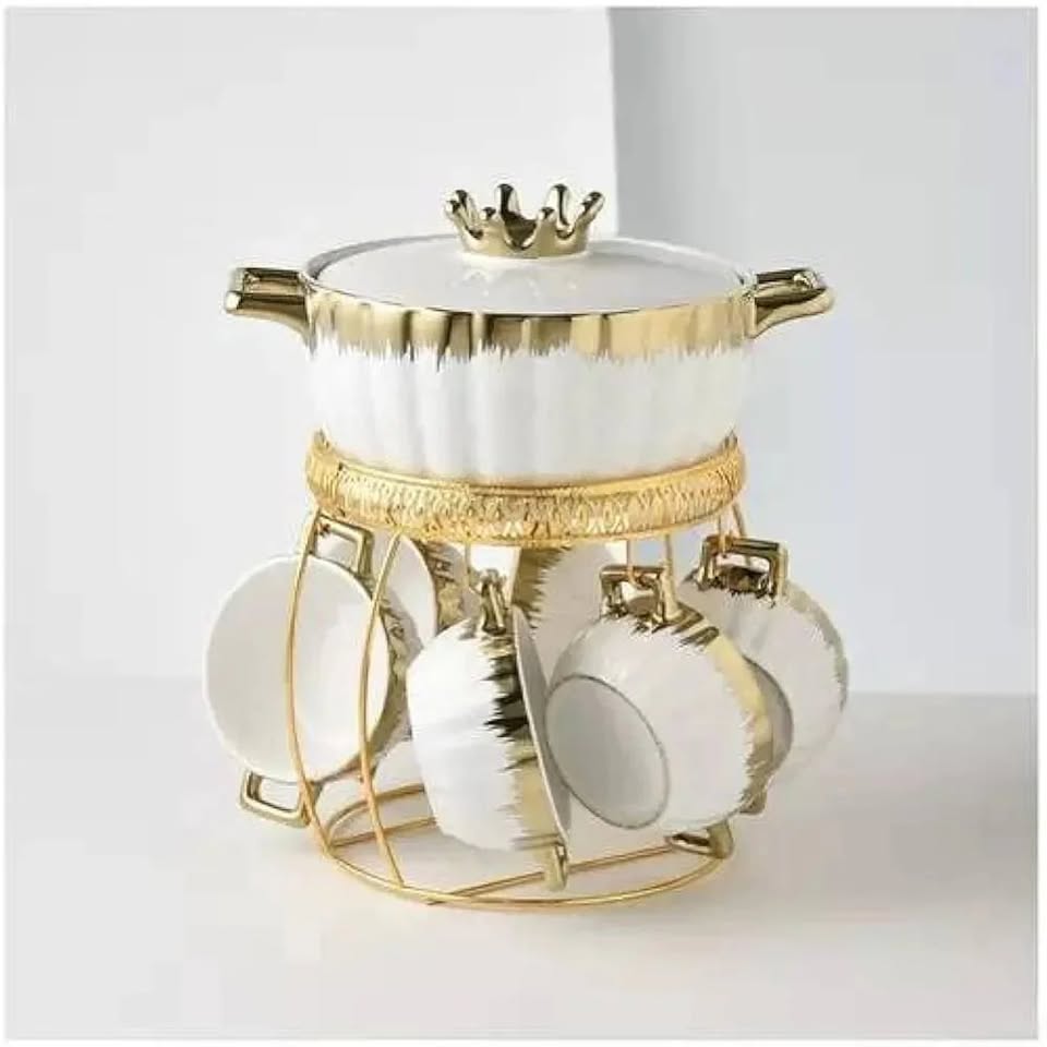 Elegant Bone China Ceramic Soup Set with Golden Stand