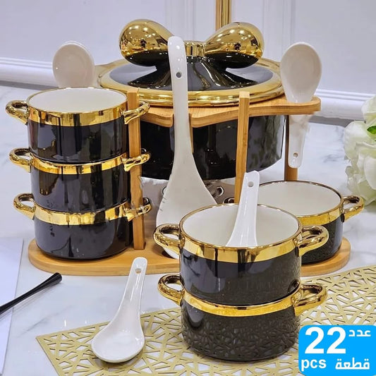 Classic Ceramic Soup Set with Golden Edges and Wooden Stand