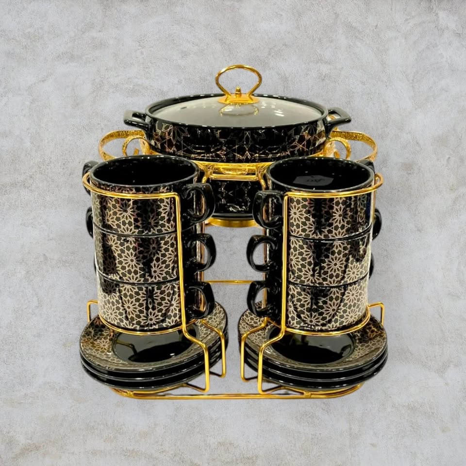 Floral Charm Soup Set with Elegant Gold-Plated Stand