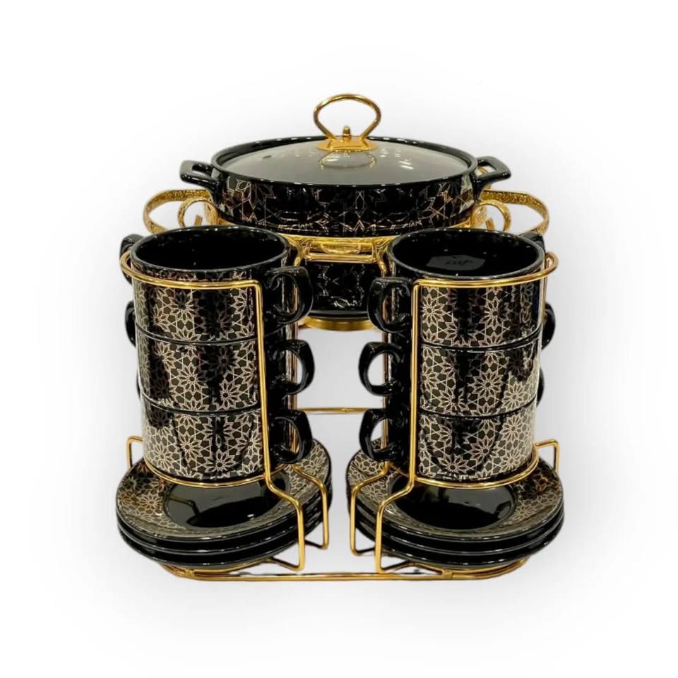 Floral Charm Soup Set with Elegant Gold-Plated Stand
