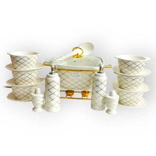 Refined Cheque Pattern Porcelain Soup Set with Golden Stand