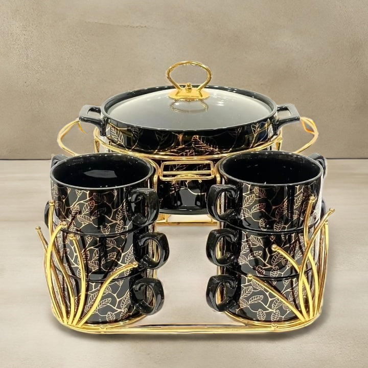 Floral Charm Soup Set with Elegant Gold-Plated Stand