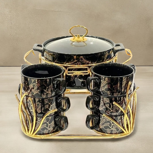 Floral Charm Soup Set with Elegant Gold-Plated Stand