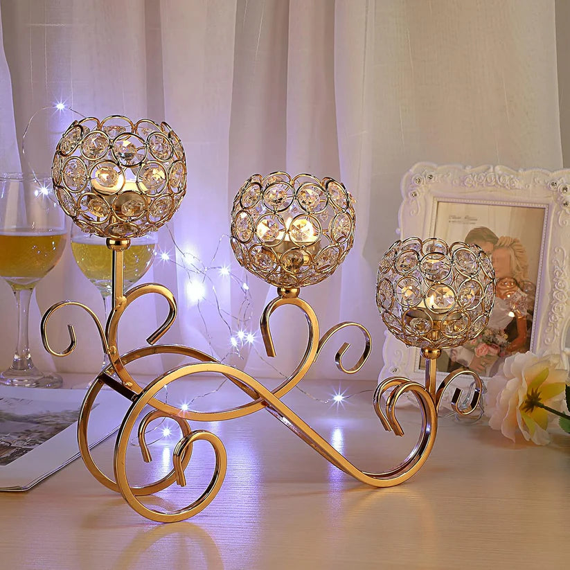 3 Tiers Crystal Candle Holder With Golden Stand