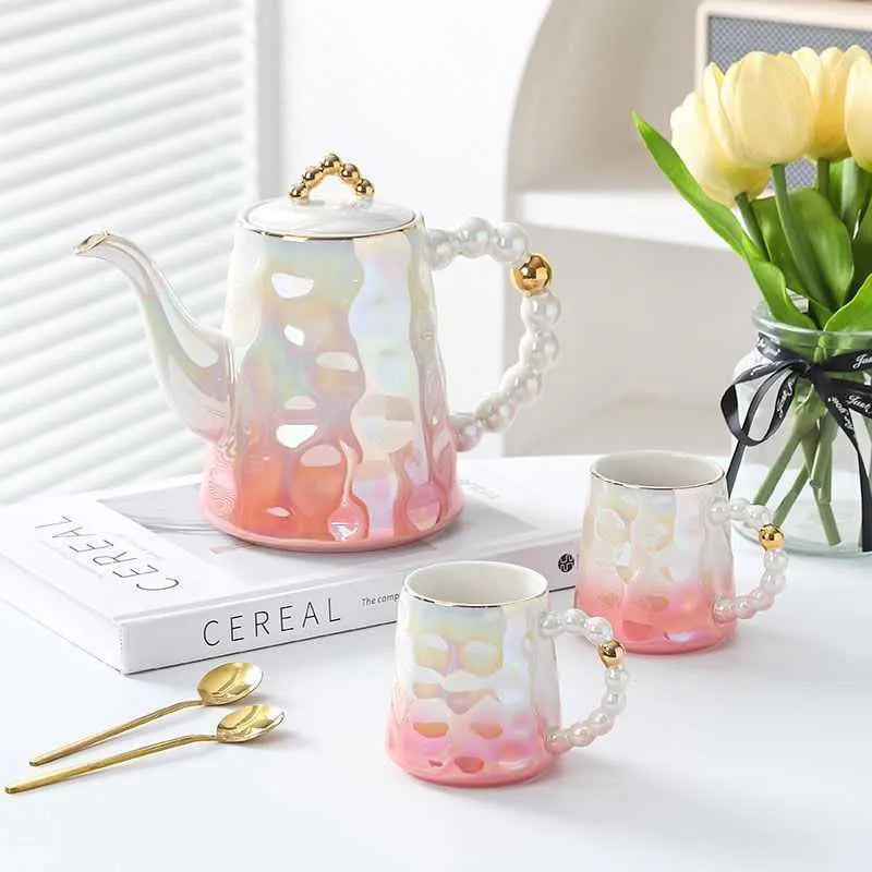 Gradient Pink Ceramic Tea Set With Golden Pearl
