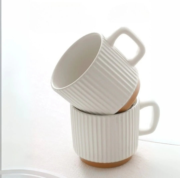 vintage vertical stripe beige ceramic coffee mug