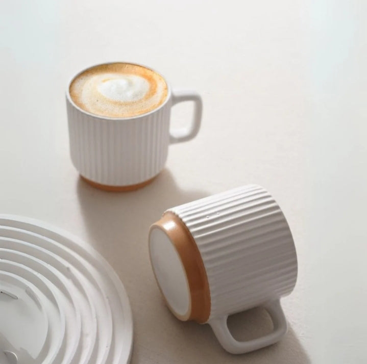 vintage vertical stripe beige ceramic coffee mug