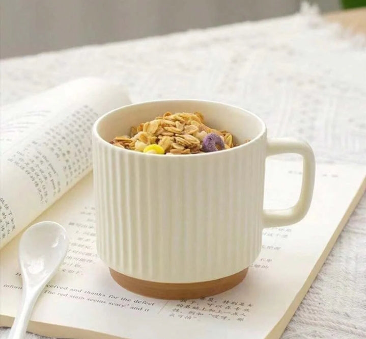 vintage vertical stripe beige ceramic coffee mug