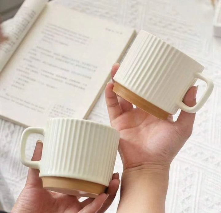 vintage vertical stripe beige ceramic coffee mug