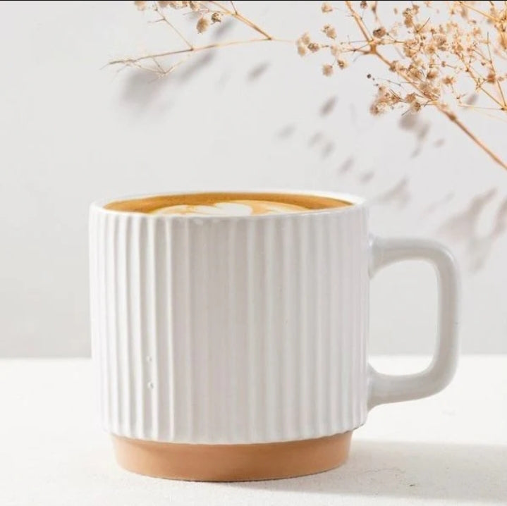 vintage vertical stripe beige ceramic coffee mug