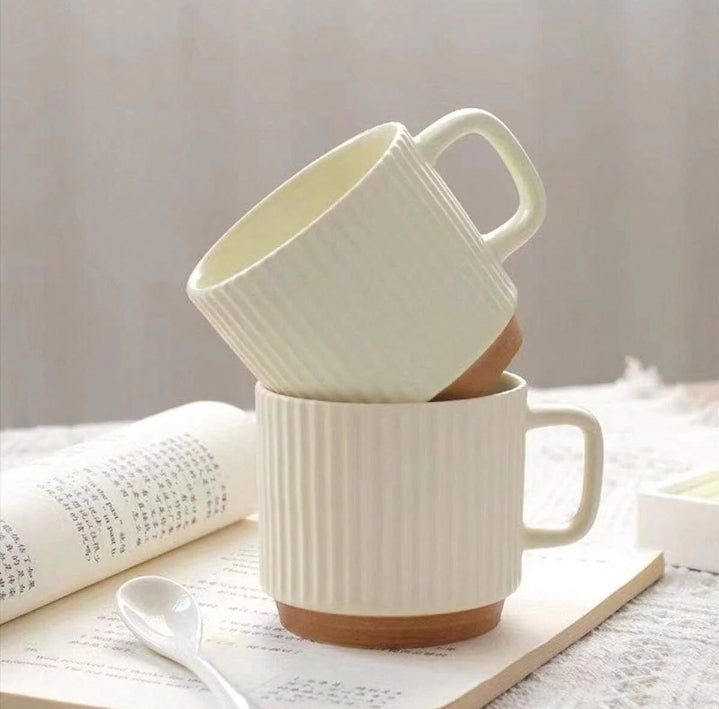 vintage vertical stripe beige ceramic coffee mug