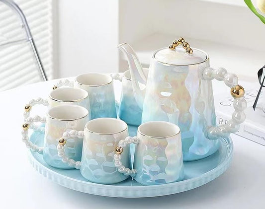 Ceramic Tea Set Gold with Rainbow Touch Revolving Tray