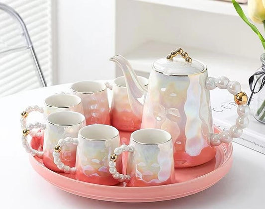 Gradient Pink Ceramic Tea Set With Golden Pearl