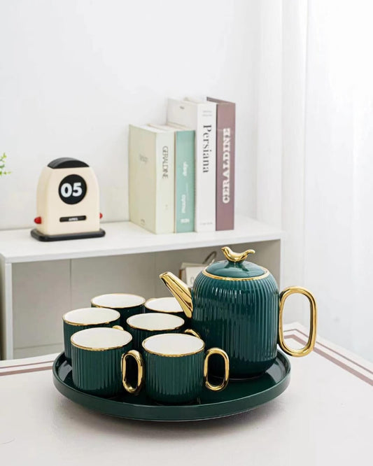 Elegant ceramic 8Pcs Tea Set With Revolving Tray And Sparrow Lid