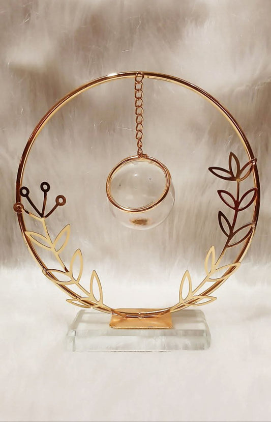 Gold Metal Round Shape Leaf Metal Ornament With Crystal Ball