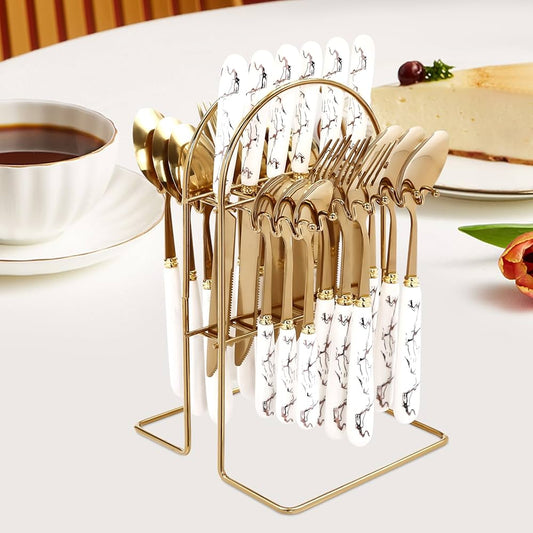 24Pcs Golden Stainless Steel Cutlery Set with Ceramic Handle & Stand