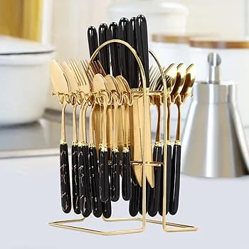 24Pcs Golden Stainless Steel Cutlery Set with Ceramic Handle & Stand